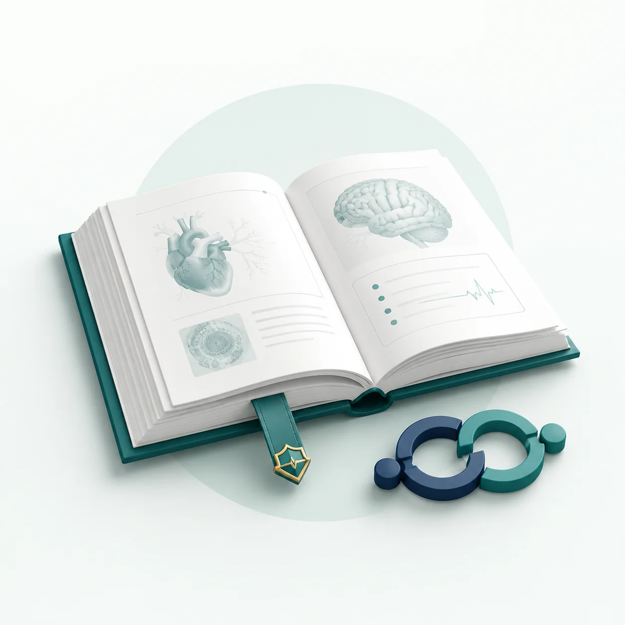 Open medical learning book with clinical illustrations